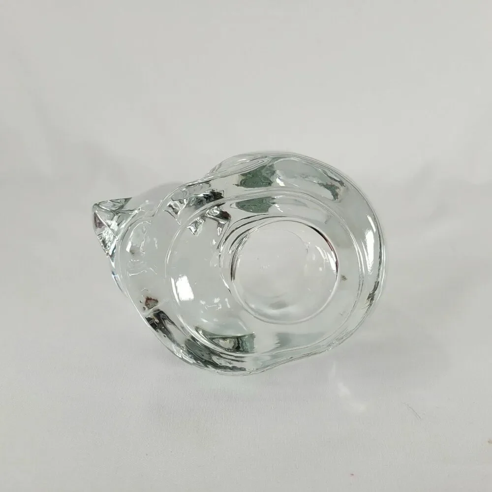 Vintage Indiana Glass Sleeping Kitty Cat Clear Votive Tealight Candle Holder MCM